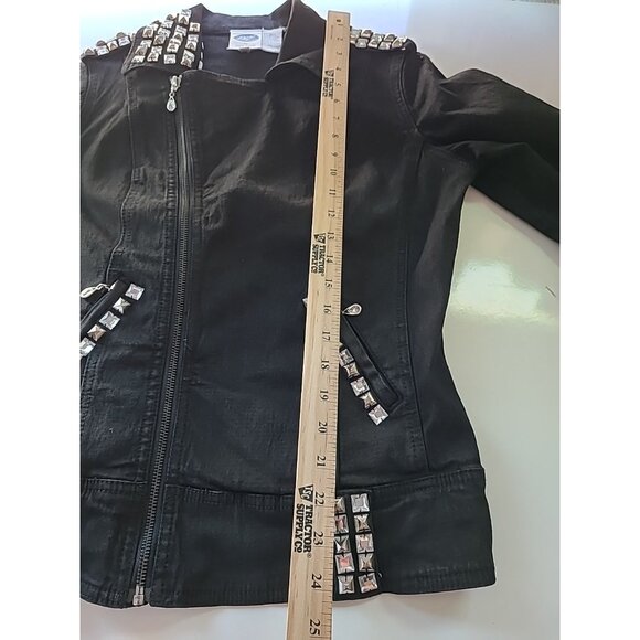 DG2 Moto Jacket M Black Denim Jean Rhinestone Trim Zippers Pockets Epaulets - Picture 15 of 16